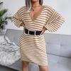 Herbst Winter Damen Locker Gestricktes Kleid Langarm V-Ausschnitt Streifen Aushöhlen Wollig