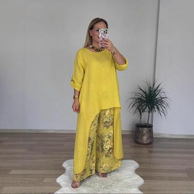 Women's Casual Cotton and Linen Irregular Top with Printed Wide-Leg Pants
