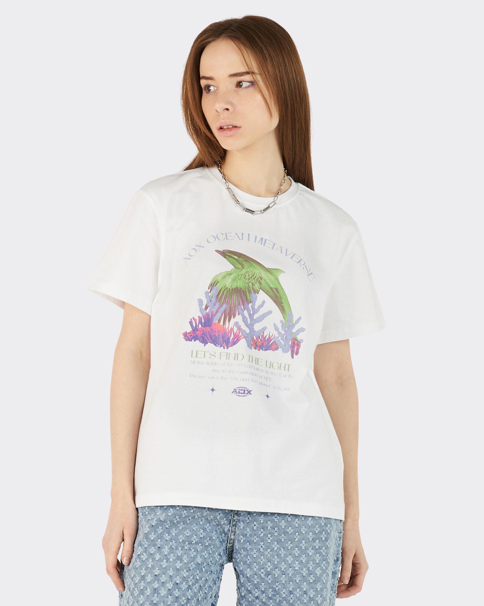 Aox Riso Graphic Birphin Short Sleeve T-Shirts (White) White/S