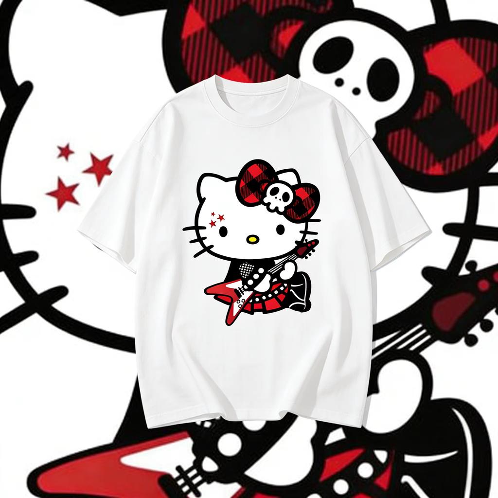 Summer Hello Kitty Tshirt High Quality Cotton Punk Rock Guitar Print Unisex Retro Casual YK Adults Kids