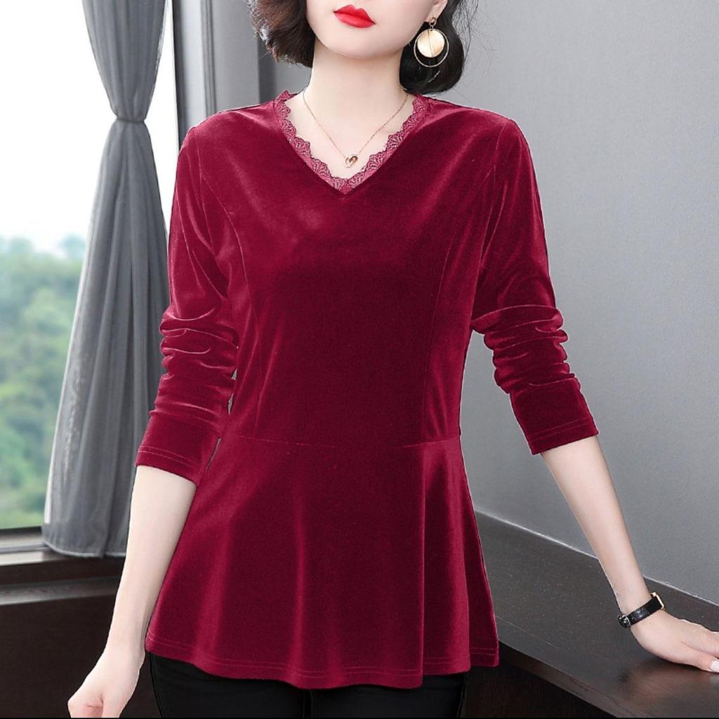 Plus Size Women's Stylish Velvet Lace Top for Spring & Autumn 2026