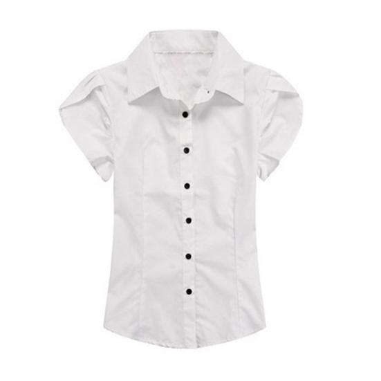 Women Summer Shirt Lapel Petal Short Sleeve Slim Fit Shirt Pocket Solid Color Single Breasted Shirt Tops Office Tops