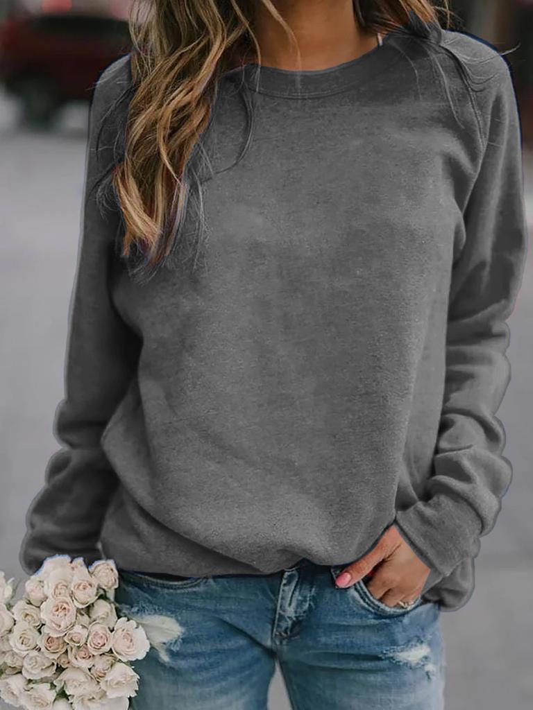 Women's Crew Neck Long Sleeve Cotton Blend Top Loose Fit Casual Style Solid Color Sweatshirt Tee