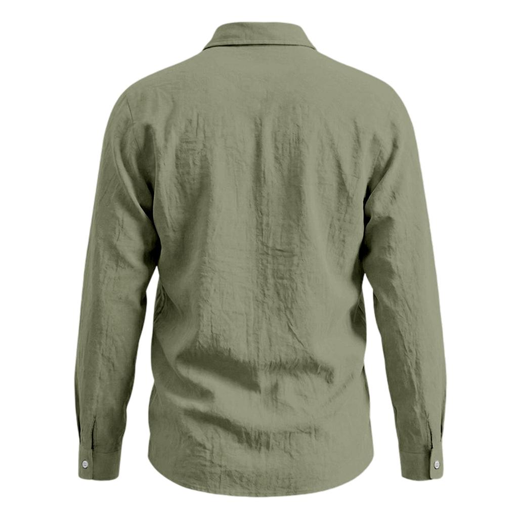 Men’s Linen Long Sleeve Shirt with Classic Turn-Down Collar and Single Chest Pocket Casual Relaxed Fit for Spring and Autumn