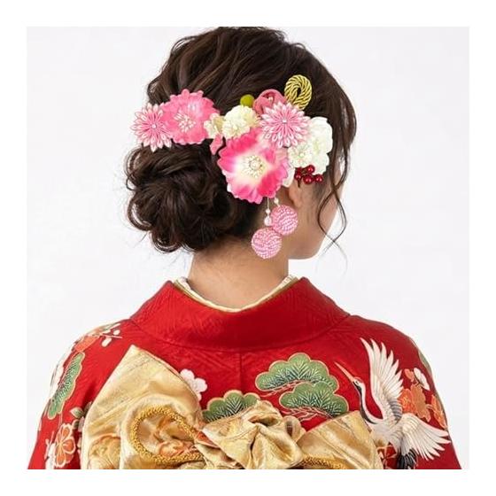 3-Piece Tsumami Zaiku Hair Accessory Set for Furisode and Coming-of-Age Ceremonies (White, Pink, Red) - Large & Small Flower Ornaments with Gold