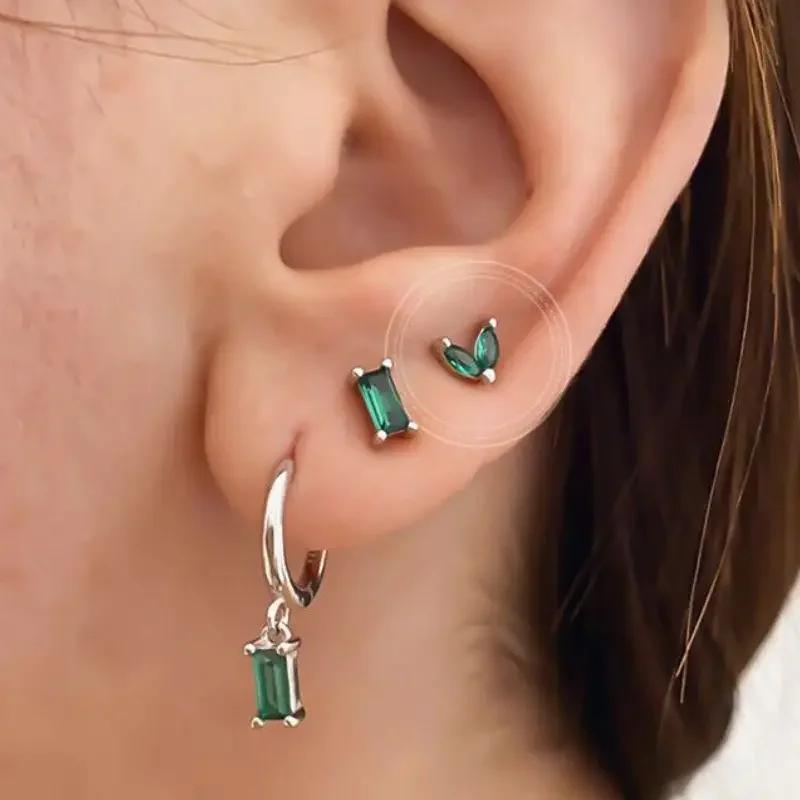 Turquoise 925 Silver Ear Needle Green Zircon vintage emerald Heart/Flower Pendant Hoop Earrings Fashion party Jewelry