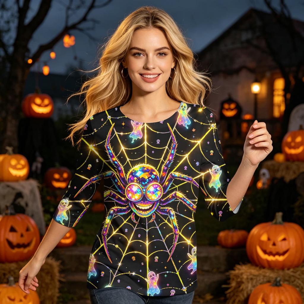 Women's Casual Halloween Print Three Quarter Sleeve Round Neck Top Lightweight Comfortable Fit for Everyday Wear
