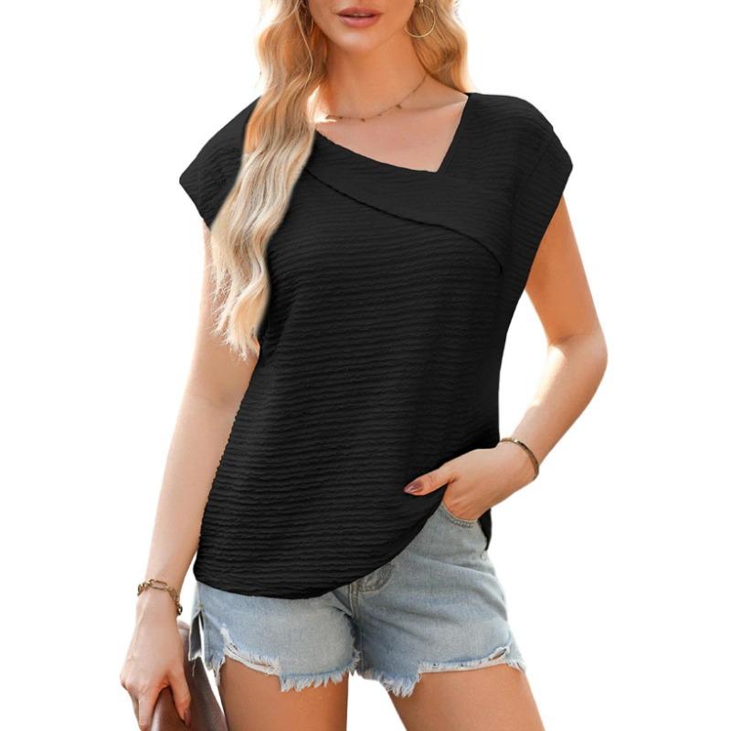 Damska Letnia Modna Codzienna Koszulka T-shirt z Asymetrycznym Dekoltem i Krótkim Rękawem