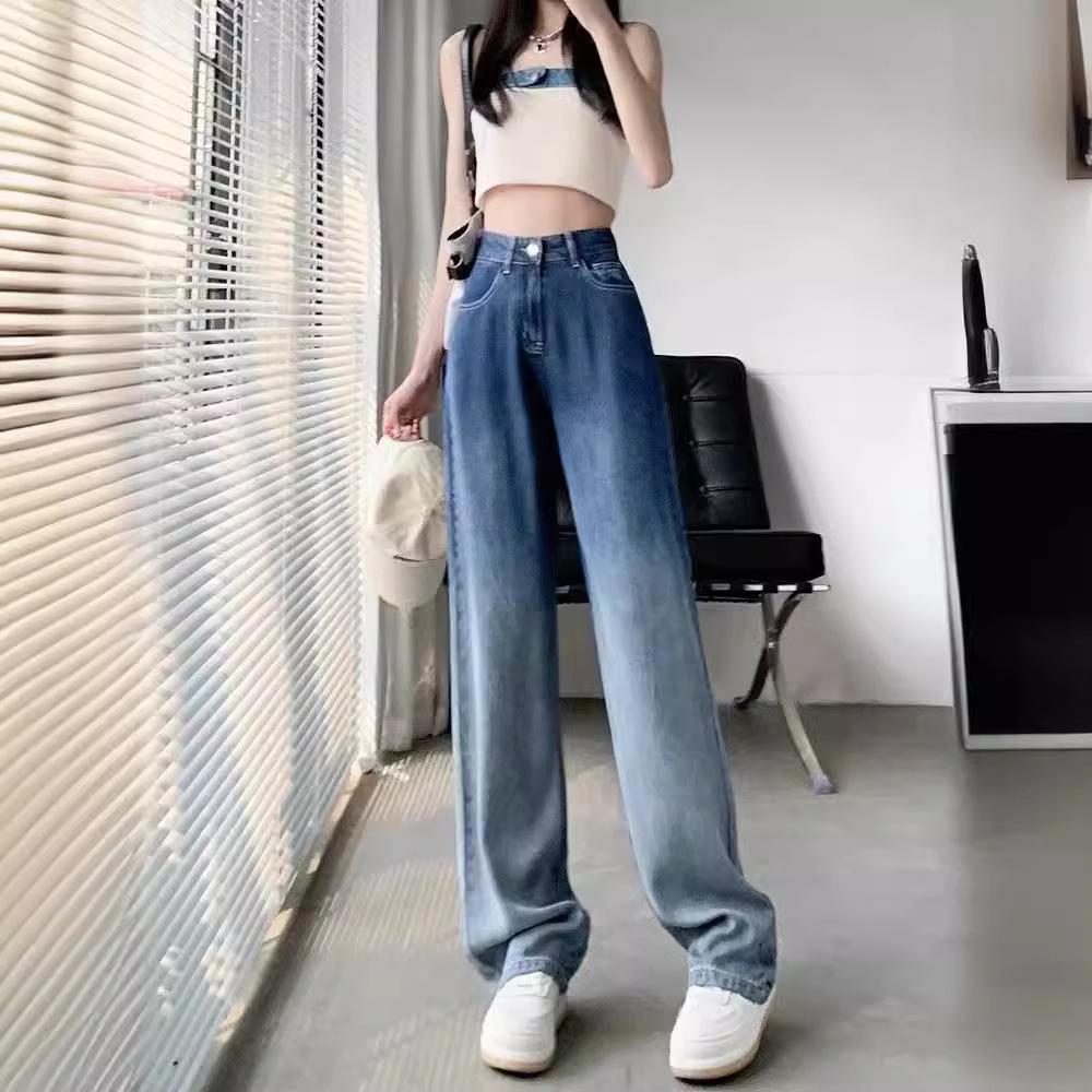 2024 Summer Women's Gradient Wide-Leg High-Waisted Jeans - Thin, Straight, Loose, Floor-Length