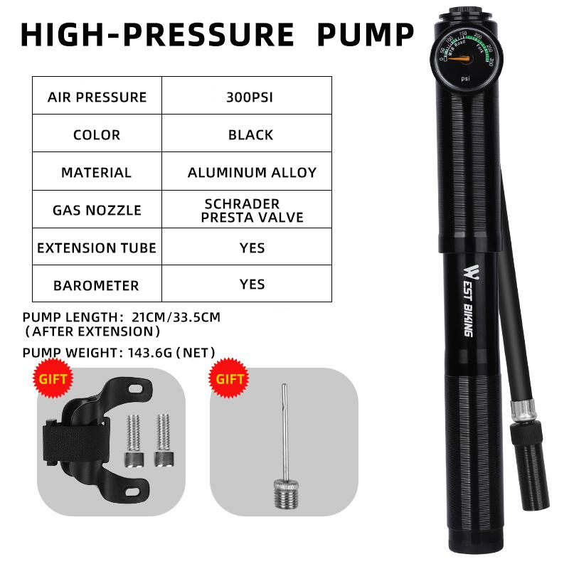WEST BIKING Bike Pump With Needles Hand Air Pumps Cycling Tire Inflator Schrader Presta Valve Hose Portable Mini Bicycle Pump