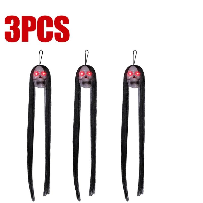 Halloween Hanging Ghost Skull with Long Hair Glowing Eyes Terror Skull Ghost House Head Skeleton Props 2025 Halloween Decoration