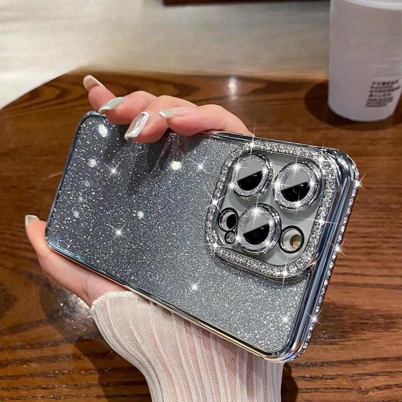 Suitable for IPhone16promax Phone Case Electroplated Edge Diamond, Apple 15 Silicone Case 1314 Gradient Glitter