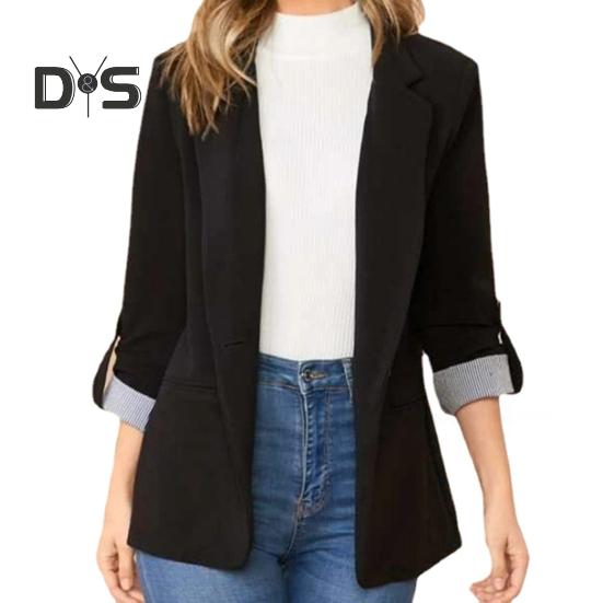 Women Suit Coat Lapel Roll-up Long Sleeve Solid Color Suit Jacket Single Button Loose Fit Spring Autumn Business Outerwear
