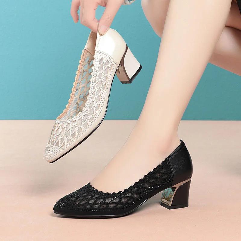 Fashion 2025 Summer Fashion Hollow Out Genuine Leather Pumps Women Shoes Med Heels Square Heel Mesh  Office Shoes Crystal