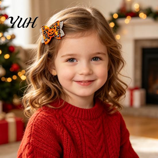 Cute Halloween Hair Accessories Glitter Bow Clips for Kids Baby Girls, Double Layer Party Dress Up Supplies Ghost/Pumpkin/Eyeball Bowtie Pins