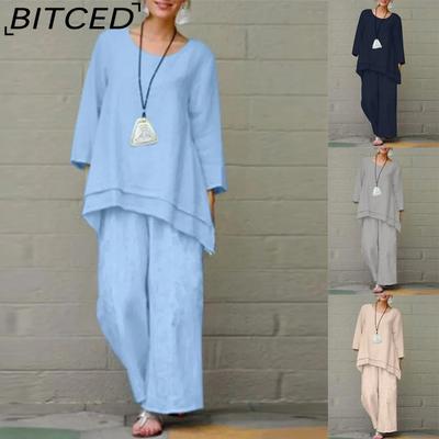 Women's Solid Vintage Pants Set Cotton Linen Casual Long Sleeve Loose Cotton Set