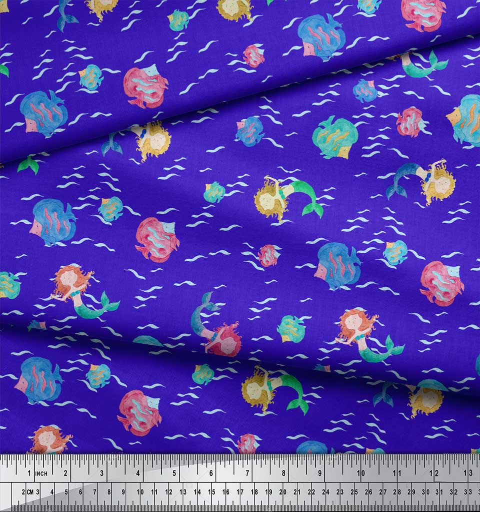 Soimoi Blue Poly Crepe Fabric Mermaid & Starfish Ocean Print Fabric by the metre 42 Inch