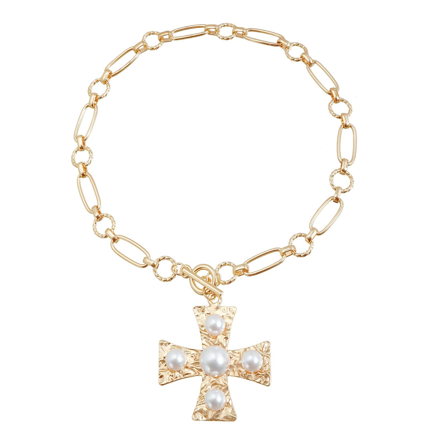 Accessories INS retro inlaid pearl cross pendant collarbone chain personalized versatile OT buckle necklace золотой