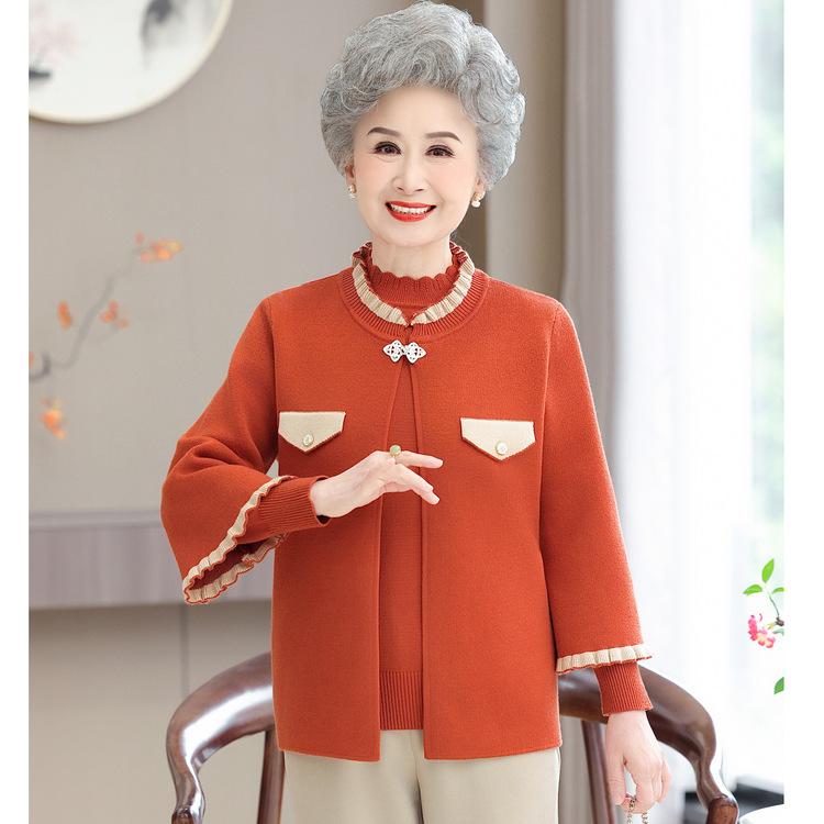 Middle-aged and Elderly Women's Sweater 50-year-old Coat New Mother Spring Chinese Clothes Red Knitted Two-piece Suit