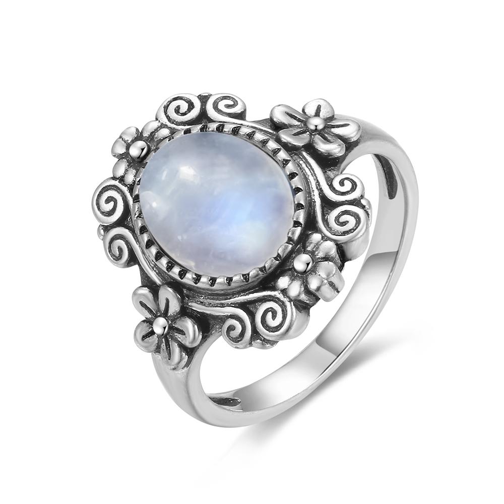 Vintage 925 Sterling Silver Natural Moonstone Rings Bohemia Oval Shape Retro Ring Gifts Fine Jewelry for Women Men