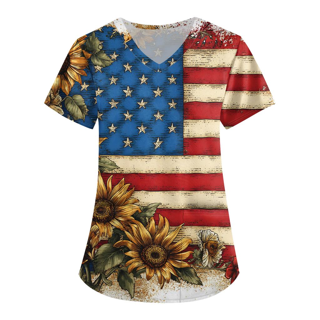 Plus SizePrinted Scrub Working Uniform Tops For Women's Cross V-Neck Print Short Sleeve Fun T-Shirts Tee With Pockets