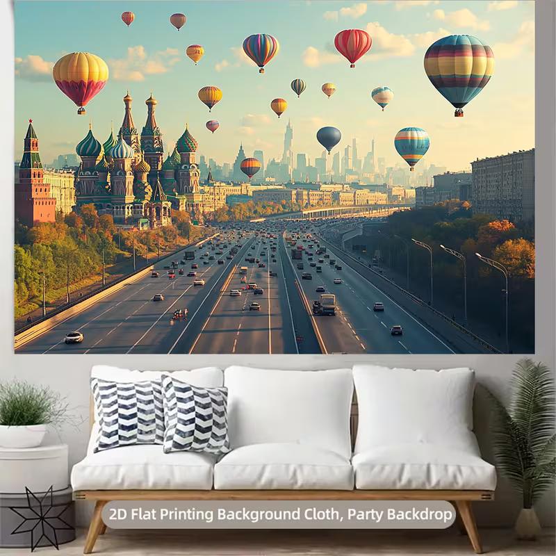 2D European City Backdrop Moscow Cathedral with Colorful Hot Air Balloons Party Photo Background