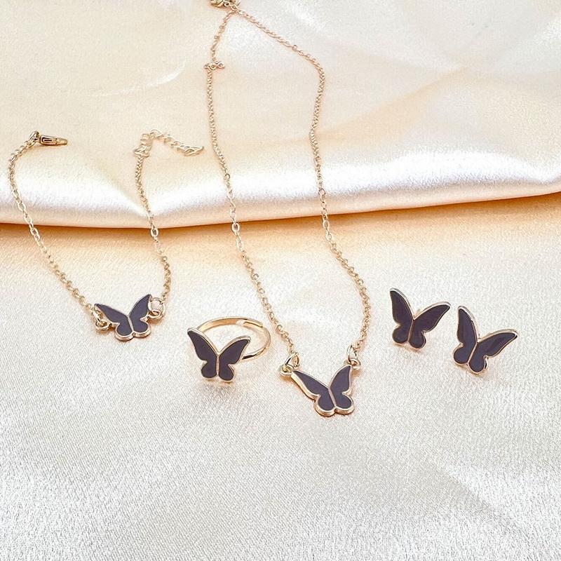 5 PCS Enamel Colorful Butterfly Pendant Bracelet Earrings for Women Girls Romantic Chain Necklace Wedding Party Jewelry Set