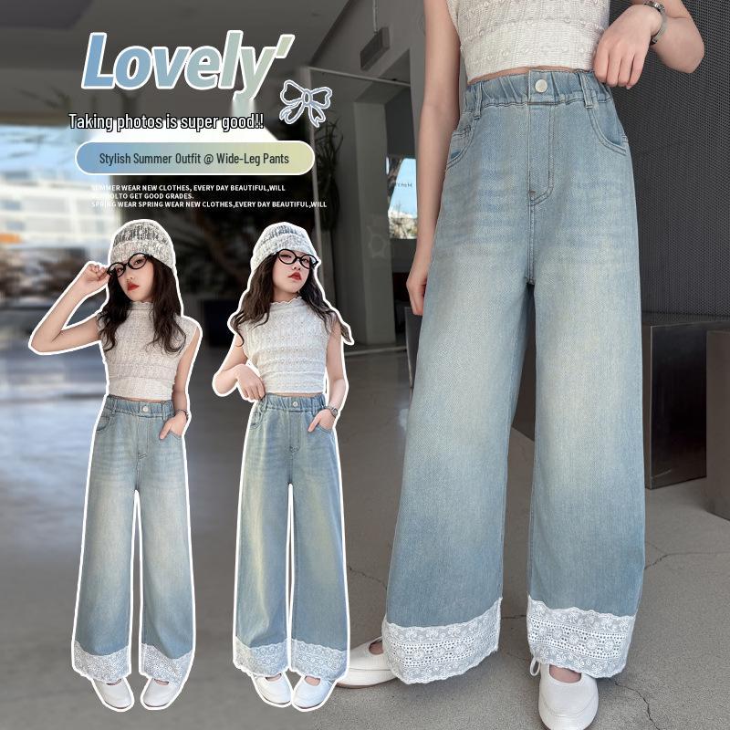 

2025 Джинсы-кюлоты для девочек с кружевной отделкой до щиколотки - Корейский стиль, Летние светлые 170 cm