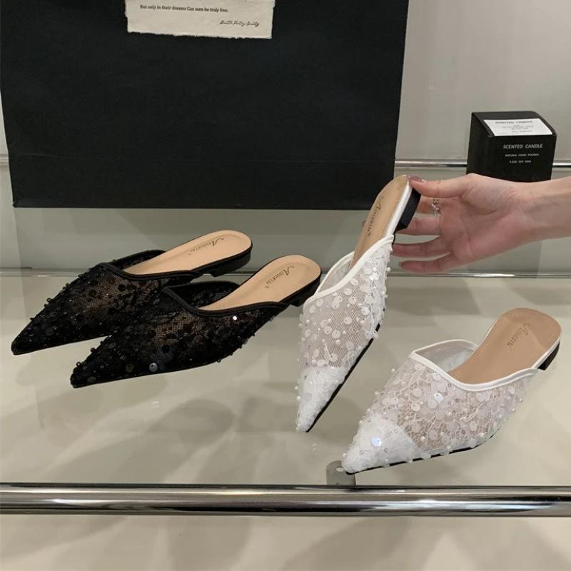 Fashion Luxury Mesh Pearl Flat Sandals Women Bling Pointed Toe Designer Brand Sandals Shoes Fashion Elegant Comfortable Non-slip Mules
