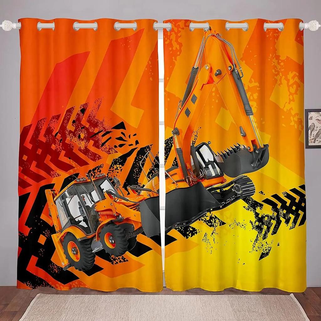 Barn Tecknad Lastbil Kran Grävmaskin Pojkars Favorit Byggnadsgardin Tunga Maskiner 3D-Tryckta Fönstergardiner för Sovrum