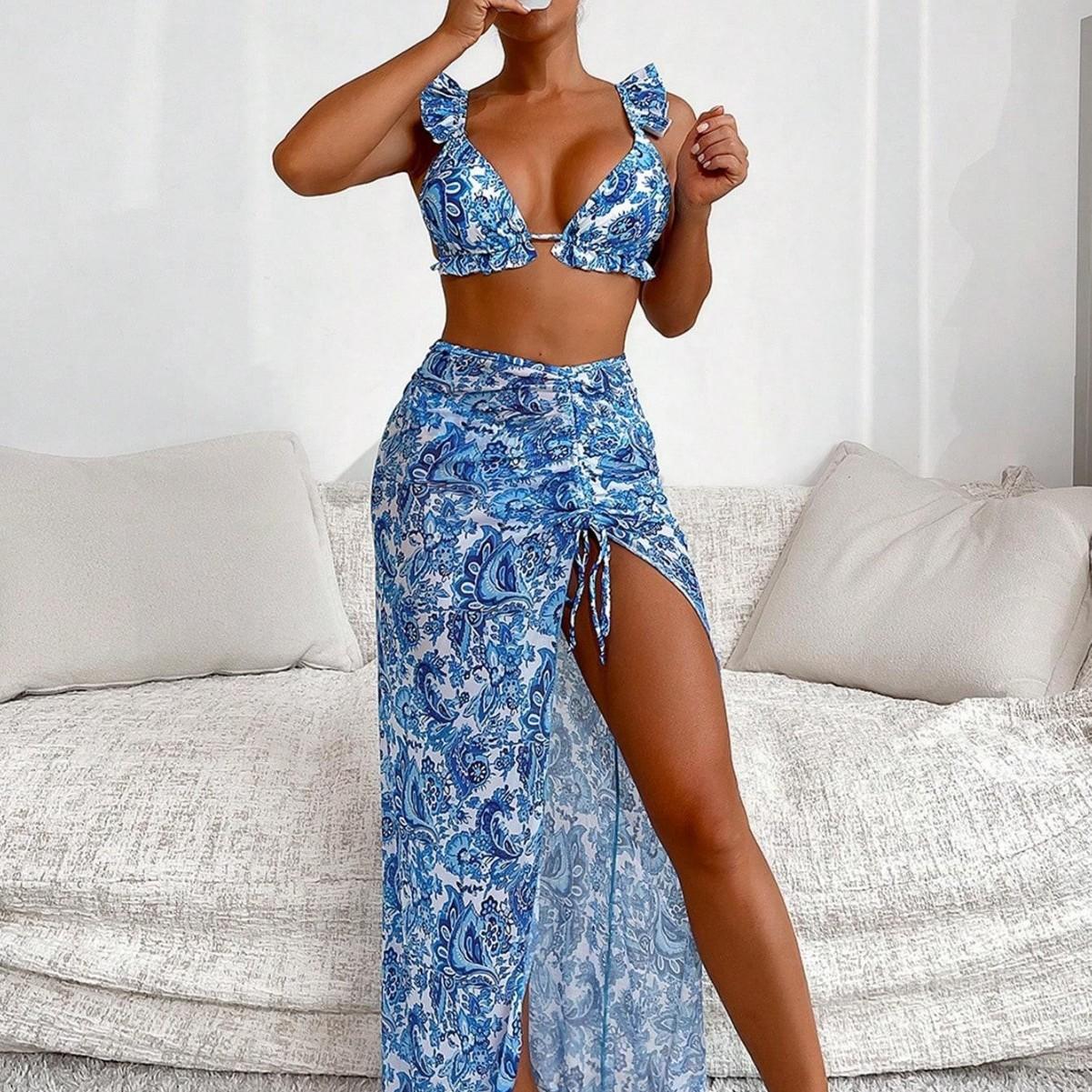 2026 Three-piece Swimsuit Sun Trend Printed Sexy Bikini Swimsuit XXL синий