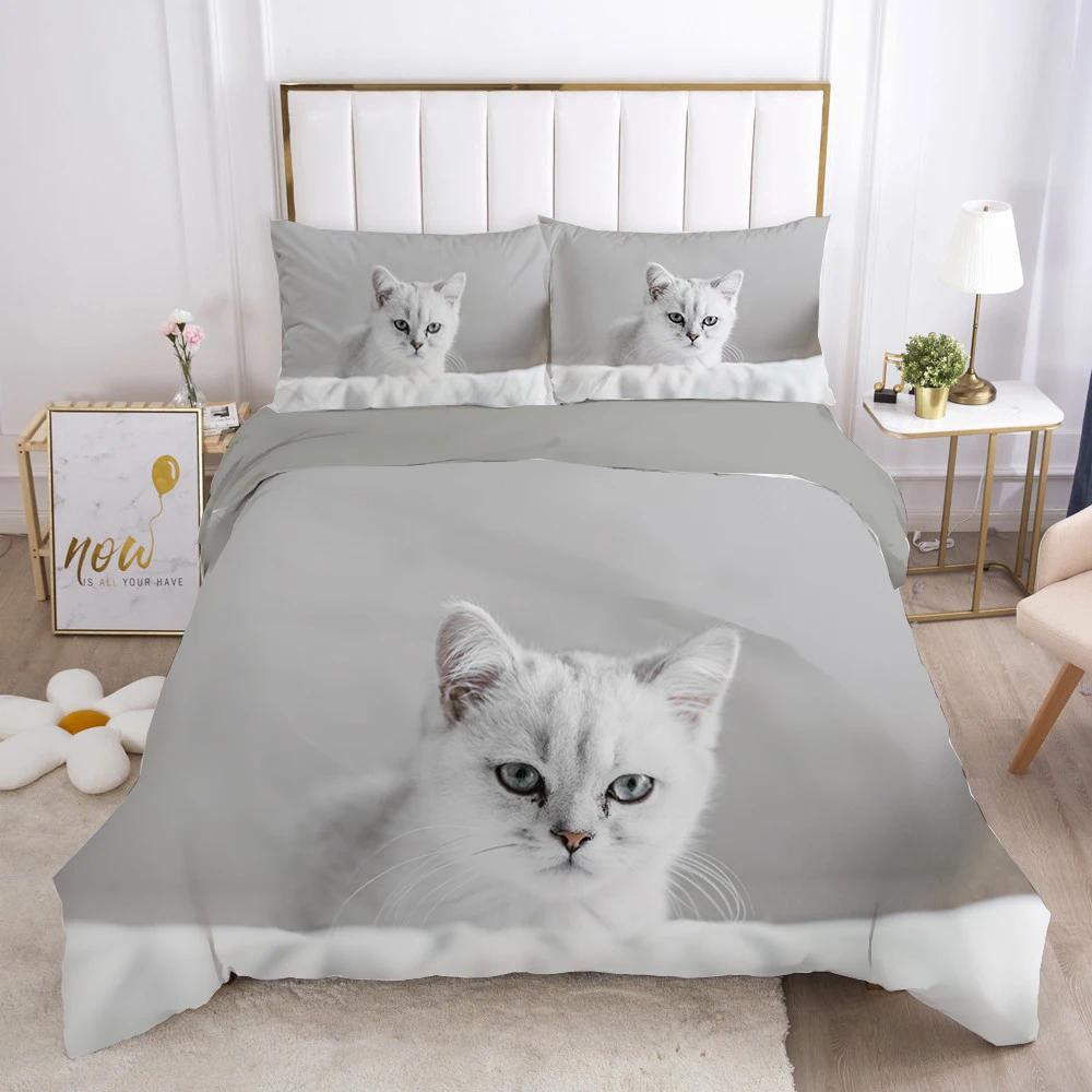 Cat Duvet Cover Set Lovely Animal Kitten Printed Quilt Cover Kids Teens Girl Animal Double Queen King Size Polyester Bedding Set