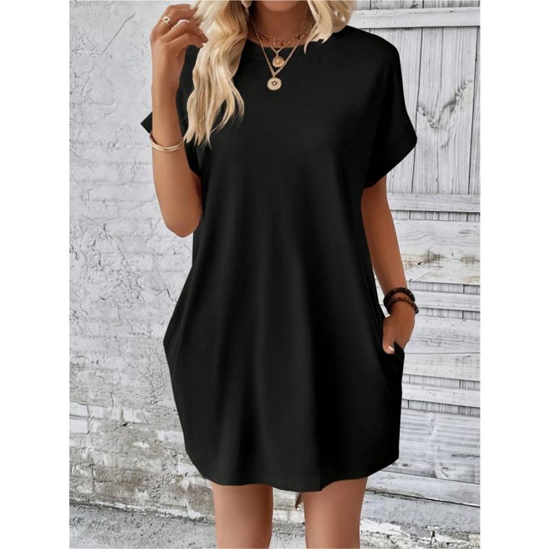 Women Casual Solid Color Round Neck Bat Sleeve Invisible Pocket Loose Short Sleeved Dress