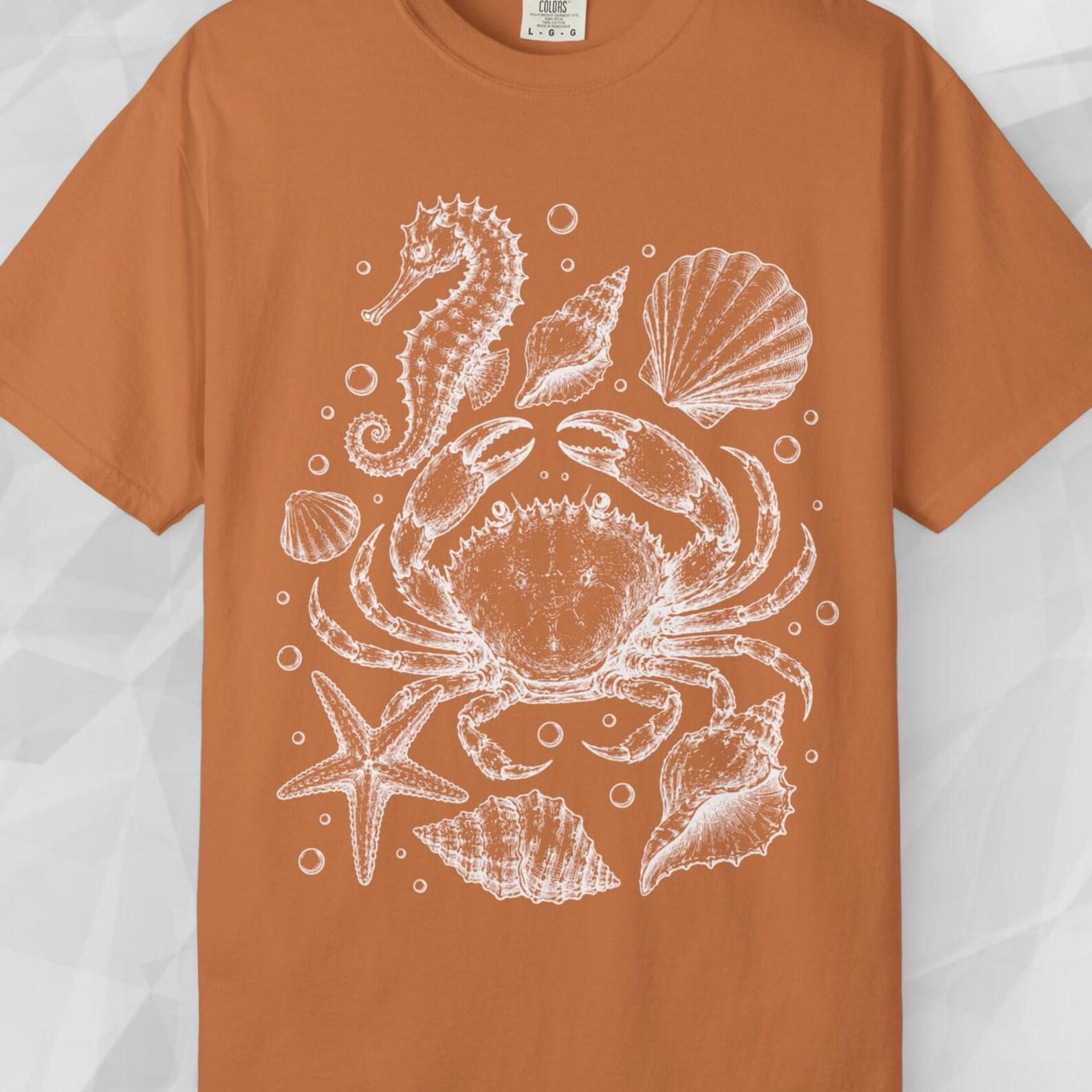 Comfort Colors Sea Life Shirt, Crab Seahorse Shells T shirt, Coastal Ocean Tee, Beach Seashell Shirt, Marine Life Shirt, Ocean Lover Tee Gift S
