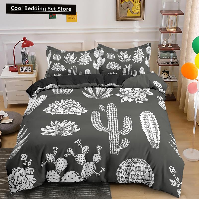 Cactus King Queen Duvet Cover Succulents Bedding Set for Kids Teens Adults Green Botanical Flowers 2/3pcs Polyester Quilt Cover