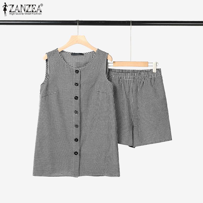 ZANZEA Women Sleeveless Vest and Shorts Summer Plaid Print Two Piece Suit Sets