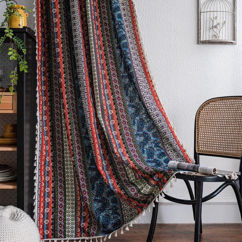 

Bohemian Cotton Linen Geometry Curtains for Bedroom Kitchen Curtains with Tassel Country Style Living Room Blackout Curtains W150 x H160cm&Threading Rod