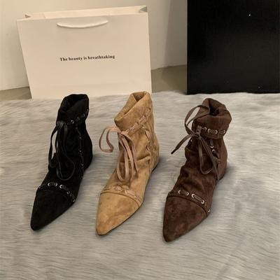 Folded Pointed Short Boots Women's Flat Bottom Straps 2025 Summer and Autumn New Retro Niche Maillard Western Cowboy Boots