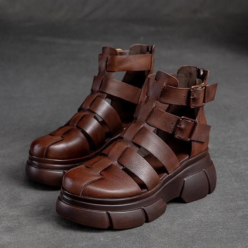 Fashion Hot Quality 6CM Retro Thick Heel Sandals for Women Genuine Leather Summer High Heel Closed Toe Sandals Buckle ZIP Platform Shoes