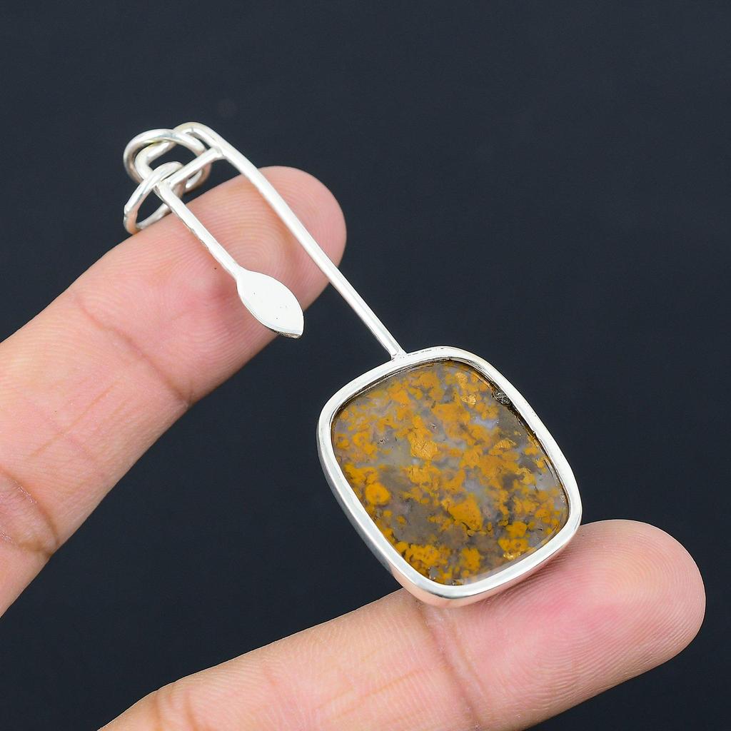 Sterling Silver Radiant Plume Agate Gemstone Art Deco Mother Engagement Pendant