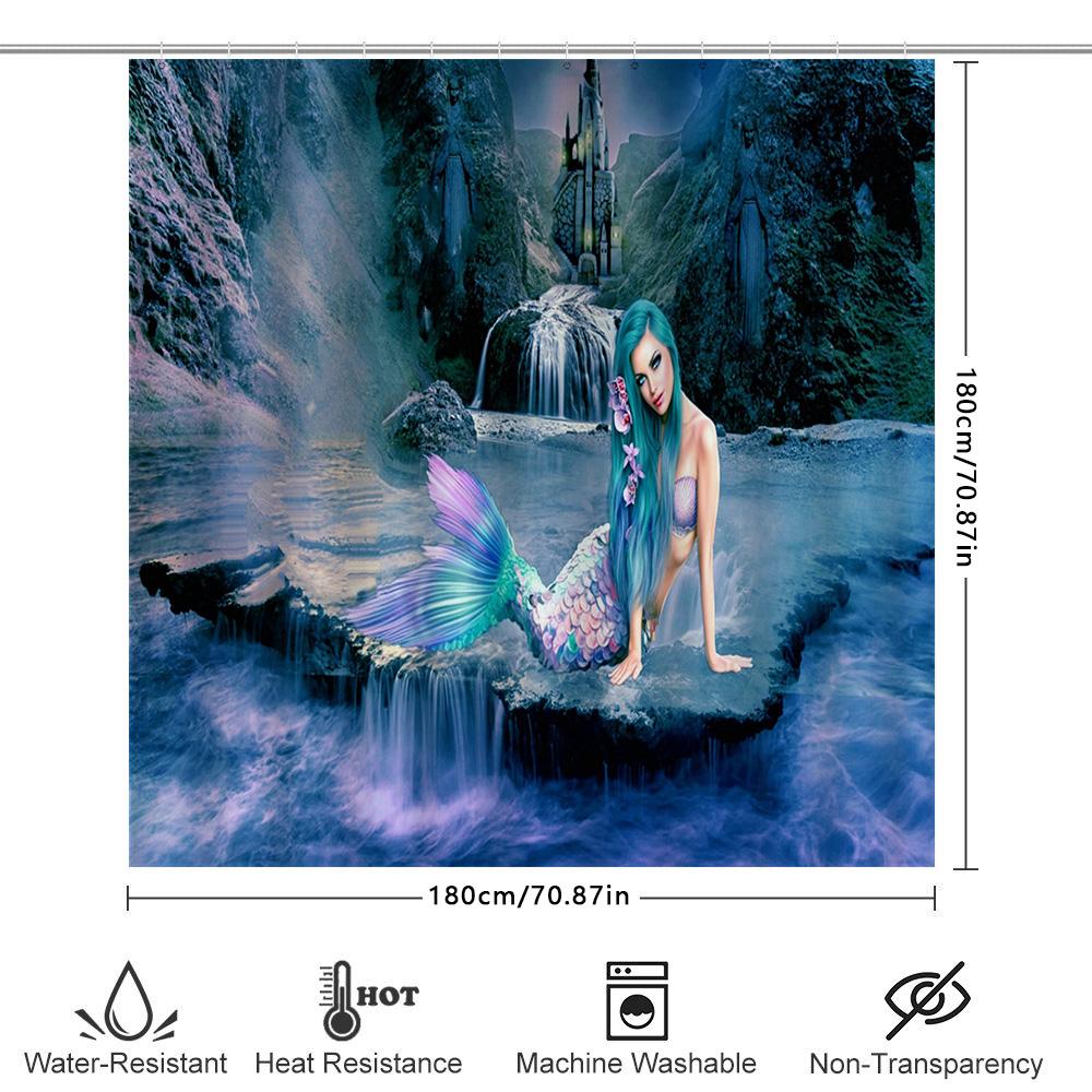 Mermaid Shower Curtain Fairy Tale Castle Fantasy Design Waterproof Fabric Custom Printed For Bathroom Decor Dark Blue Pink Green