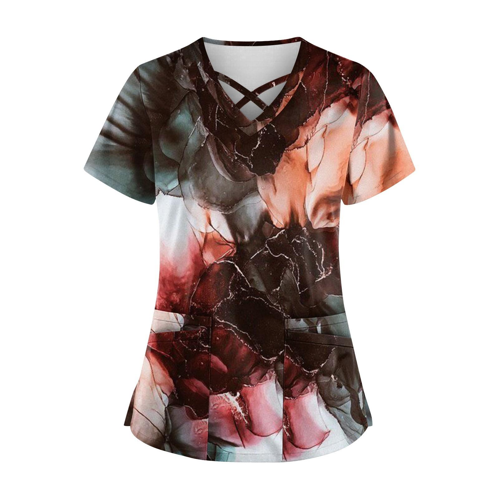 

Плюс размер, милая рабочая форма с принтом, топы для женщин, забавные футболки с перекрестным v-образным вырезом и короткими рукавами, рабочая одежда, футболка с карманами L винный