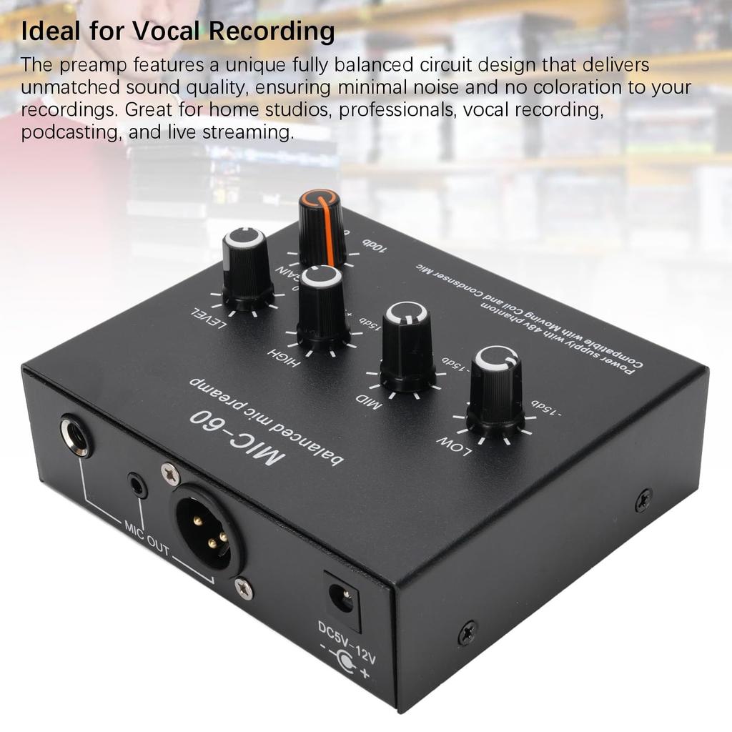 Mikrofon HeimAudio Leistungsverstärker mit 3 60dB Gain und 48V Phantom Kleiner Stereo Audio Vorverstärker für Dynamische und Kondensator Mikrofone Kabel