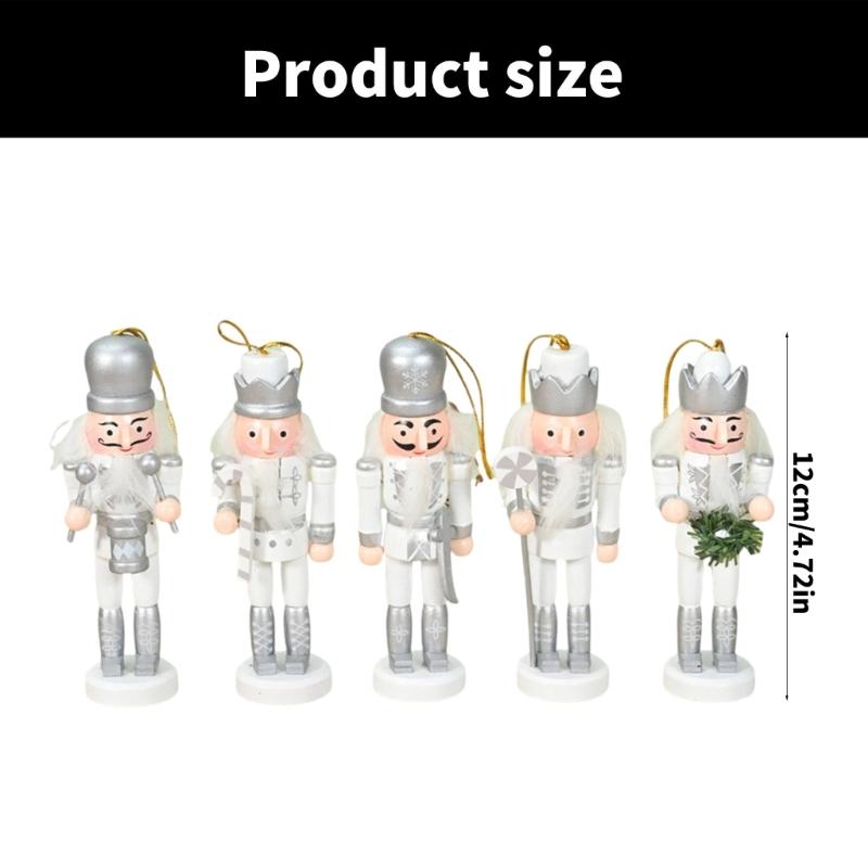 Pack of 5 Miniature Silver Nutcrackers Figurine Charm Accessories Wood Hanging Pendant Holiday Decoration Supplies