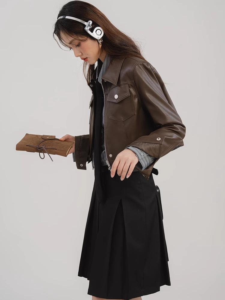 Americký vintage sladký horký dívčí styl kávové barvy dámská kožená bunda podzim nový designový smysl krátká motorkářská bunda top