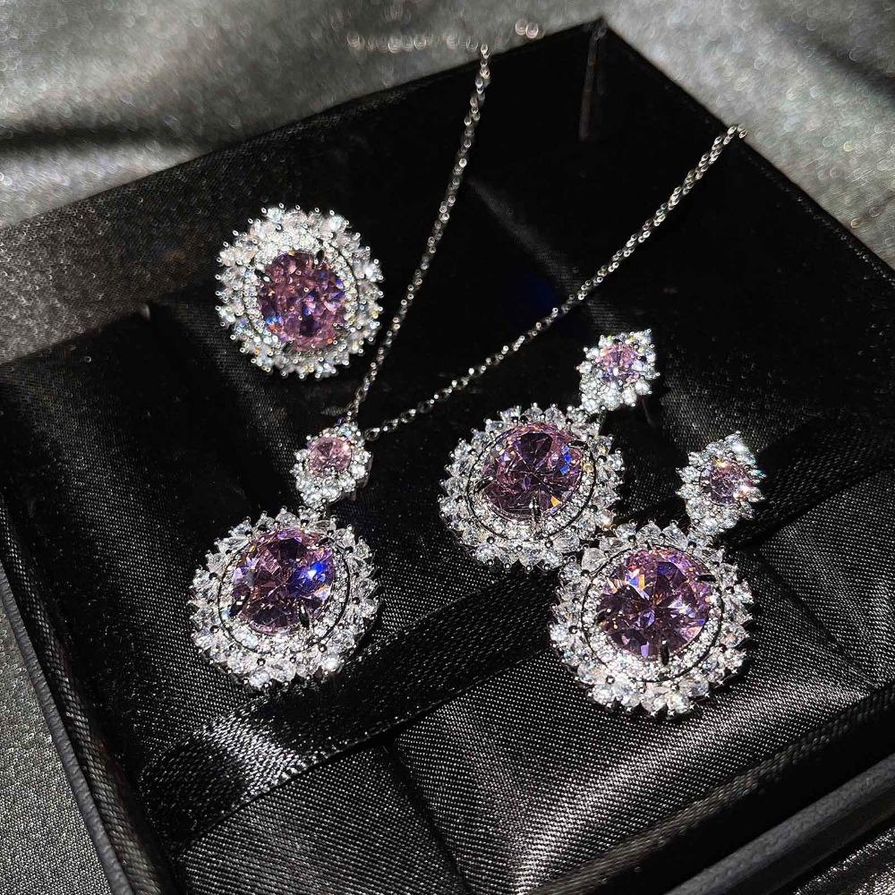 Luxury Women Jewelry Set with Blue Topaz Ring Citrine Earrings Pink Diamond Necklace European American Style