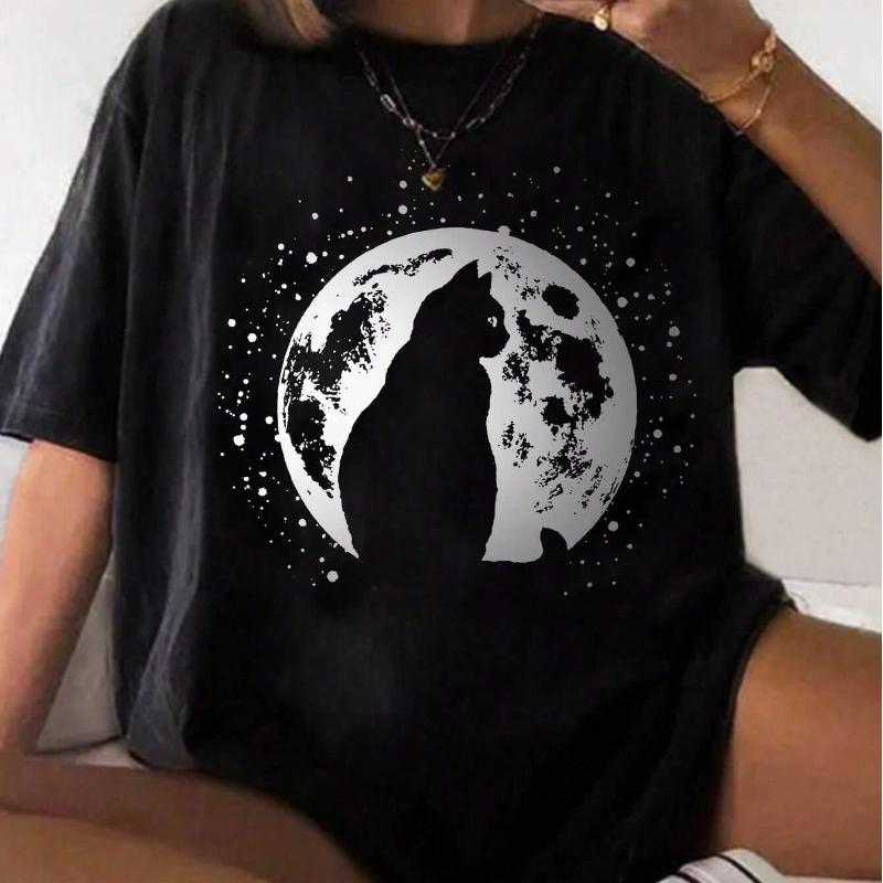 Women T-shirt Moon and Cat Silhouettes Printed Tee Shirt Summer Comfortable Loose Tops Street Fashion Female Clothes Summer Y2K