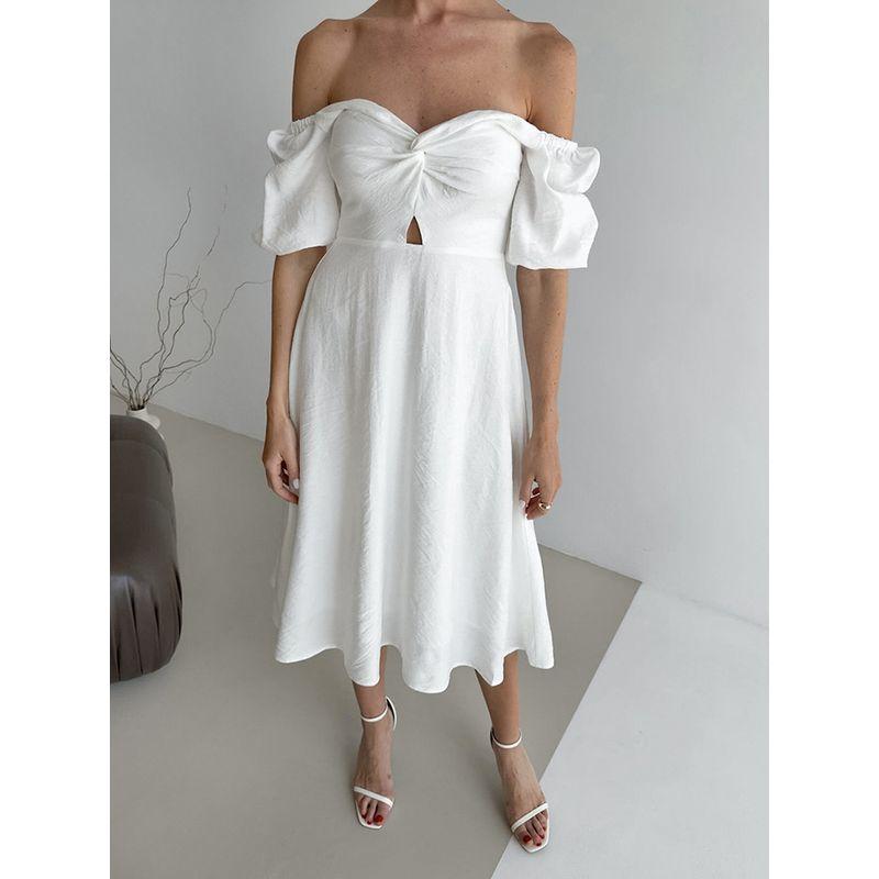 European and American Ladies Dress White Socialite Style Square-Neck Cinched Long Dress Fresh Fairy Dress 2025 Summer New Arrival