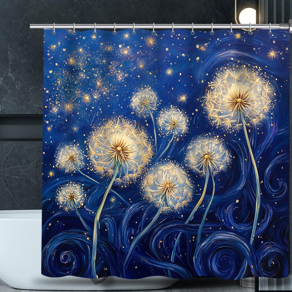 1 Piece Dandelion Starry Sky Print Shower Curtain, Waterproof Polyester Fabric with Hooks, Machine Washable, Stain Resistant
