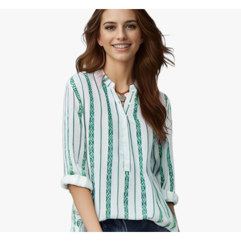 Women's New Striped Printed Button Up Shirt, Loose Long Sleeved Top